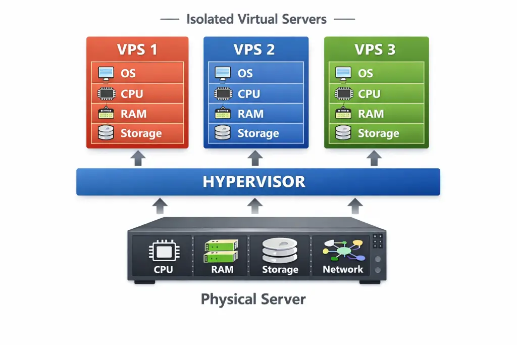 Diagram showing physical server → hypervisor → multiple VPS instances with isolated resources