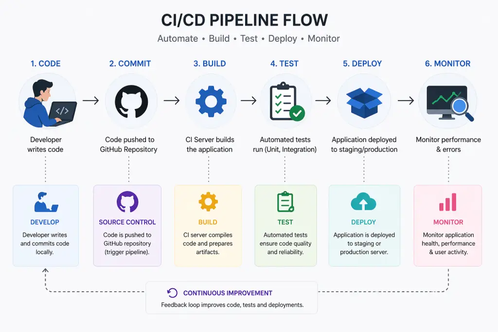 CI/CD Pipeline Flow Diagram — Dev → Build → Test → Deploy